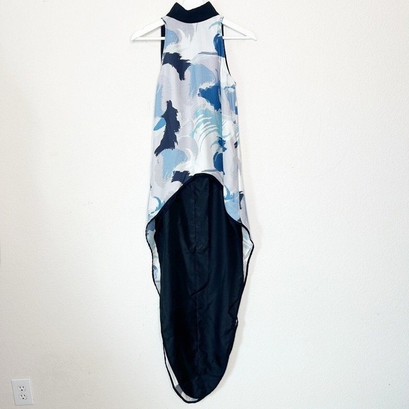 Lizna Dramatic High Low Blue and Black Graphic Silk Blouse XS - Picture 2 of 10